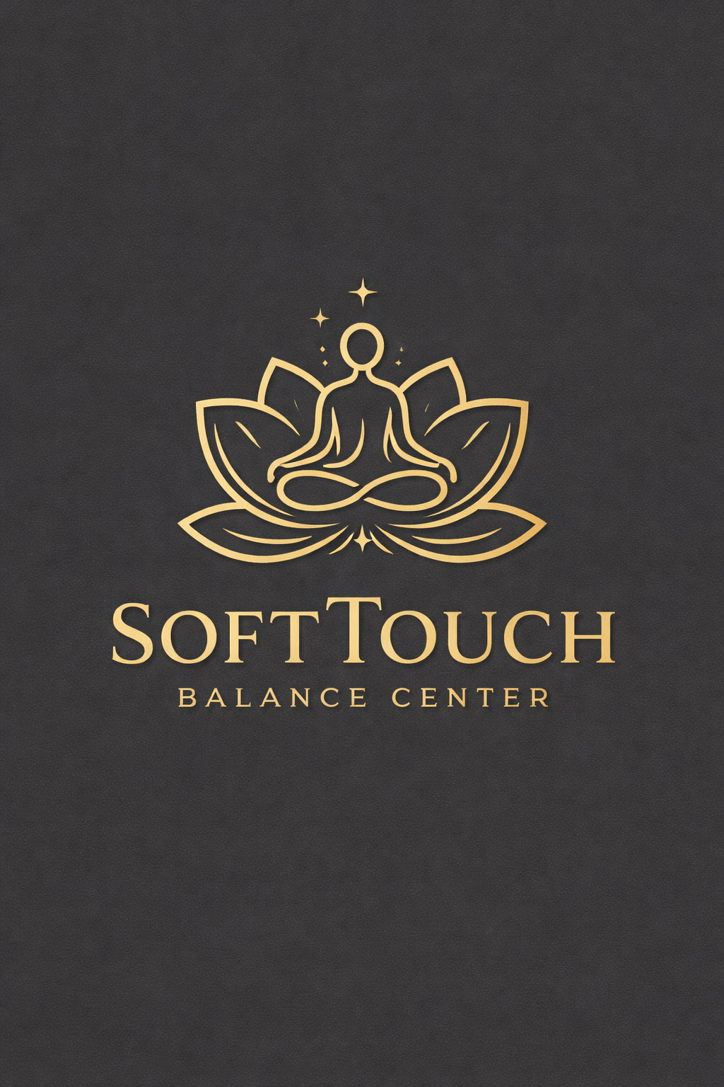 금색 연꽃 위에 명상 자세의 인체 실루엣이 있는 소프트터치 밸런스센터 현대식 로고